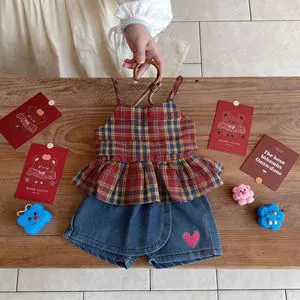 Ins 2026 Summer Girls' Strapless Set For Baby Girls Korean Style Plaid Top With Strapless Design Denim Shorts