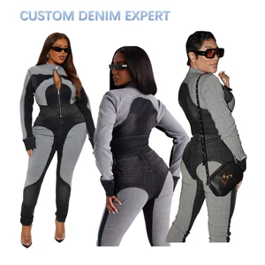 Tight Fit Blue Black Women's Denim Pants Set Patchwork Long Sleeve Washed Two-Piece Jean Outfit Jeans And Jacket