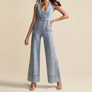 Wholesale Custom All-in-One Denim Jumpsuit Women Slim Fit Baggy Wide Leg Jeans Jumpsuit Women Fashion Sexy Jumpsuit Jeans