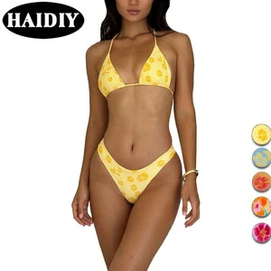 Fast Sample Sexy Prints Backless Bandage Triangle Split Bikini Set Swimsuit Custom Women Swimwear
