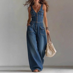 2026 New Wholesale V-Neck Button Front Cotton Denim Jumpsuit High Waist Wide Leg Statuesque Romper Gown Women's Denim Overalls
