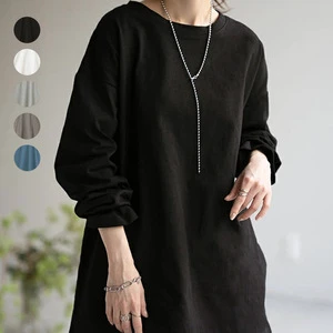 Autumn Korean Style Women Cotton Long Sleeve T Shirt Oversized Solid Color Casual Basic Top Mid Long Length Loose Blouse