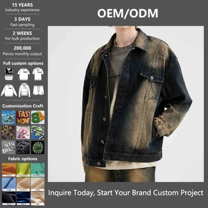 Customized Factory Denim Jacket Men's Autumn New High Street Hip-hop Style Over-dye Vintage Washed Denim Trendy Jacket