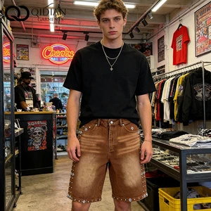 Manufacturer Custom Men's Denim Rhinestone Trim Cowboy Print Shorts Comfortable 100% Cotton Summer Casual Vintage Sporty Shorts