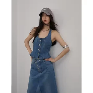 Women's Custom Two-Piece Set Summer A-Line Skirt Suit Halter Denim Vest Short Spliced Color Cowboy Style Customizable Set Women