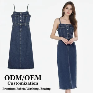 Vintage Style Summer Casual Simple Straight Denim Overall Maxi Dress Ruffles Breathable Silver Button Front Adjustable Straps