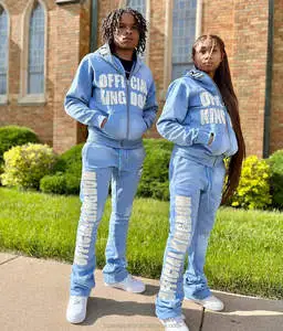 Custom Distressed Y2K Streetwear Full-zip Hoodie Sweat Suit Jogging Sun-faded Embroidered Hoodie And Sweatpants Two-piece Set