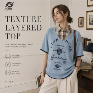 Women Two Piece V Neck Knit Top Plaid Patchwork Short Sleeve Casual Sweater OEM Loose Soft Breathable Spring