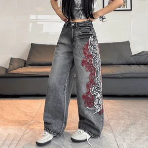 OEM Supplier Women Grey Vintage Embroidered Wide Leg Jeans Baggy Washed Denim Pants For Streetwear Collections