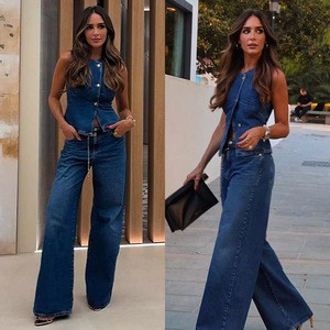 New Women's Denim Suit Sleeveless Single Breasted Vest Fashionable Wide Leg Jeans Set