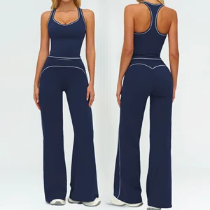 Fashion Women 2 Piece Set Yoga Top & High Waist Wide Leg Pants with Contrast Trim Backless Sexy Gym Wear Comfort Fit Effect