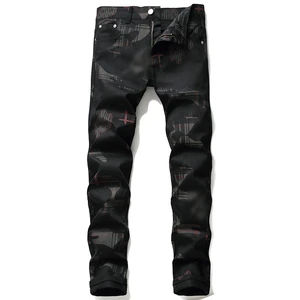 Fashion Design Printed Black Stretch Denim Pants for Men - High-end Brand, Personalized, Casual and Trendy Long Pants