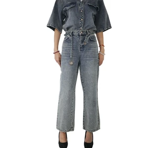 Casual Outfit Short-Sleeved V-Neck Top With Jeans Trousers Denim Set Women Two Piece Women's Denim Sets Denim Suit for Women