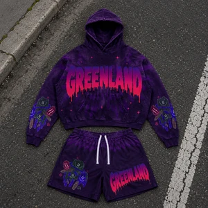 Tracksuit Sets Washed Tie Dye Drip Cartoon Custom Print Hoodie Knit Shorts Men 100% Cotton Streetwear Two Piece Set Matching Set