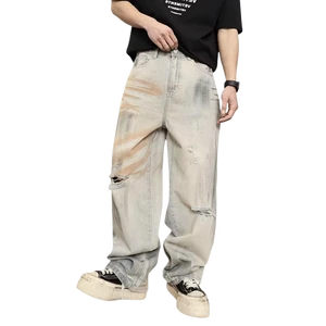 Factory Price ODM Mens Grunge Rust Tinted Denim Slacks OEM Vintage Destroyed Shredded Loose Fit Bottoms Bulk Supplier Outfit