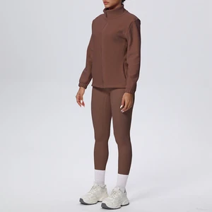 Women's Plus Size Solid Fleece-Lined Crew Neck Elastic Waist Jacket Pants Yoga Set Two-Piece Sports Running Fitness Outfit