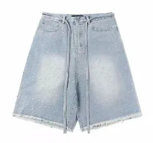 High Quality Custom Men's Jeans Fashion Rhinestone Washing Sixth Denim Shorts Jeans for Men