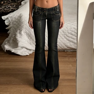 Women Low Rise Flare Jeans Sexy Slim Fit Metal Buckle Denim Pants Street Style Vintage Bell Bottom Long Trousers