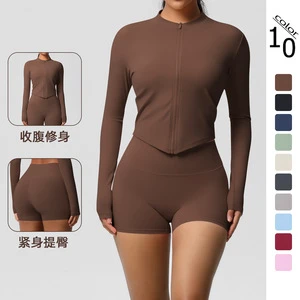 Women Solid Double Brushed Fleece Slim Zip Yoga Suit - Athletic Running Fitness Ensemble