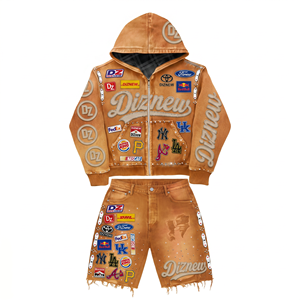DiZNEW Knit Set Customizable Embroidered Patch Mens Premium Vintage Damage Rhinestone Shorts Sets Jeans Set for Men