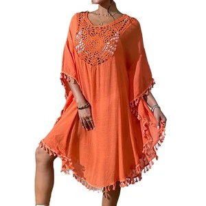 2024 Summer New Beach Women's Cover up Mesh Long Sleeve Crochet Tassel Hawaiian Swimwear Bikini Outer Cover up