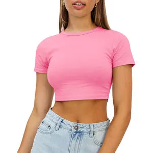 Women's Pink Crop Top Short Sleeve Crew Neck Regular Fit Casual T-Shirt Solid Color Jersey Knitted Eco-Friendly Breathable
