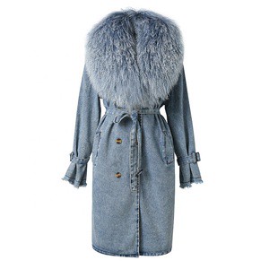 New Women Big and Fluffy Mongolian Fur Collar Denim Trench Coat Denim Coat