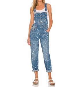 New Arrival OEM Customable Casual Blue Denim With Polka Doted Denim Jean Overall Straight Leg Jumpsuit