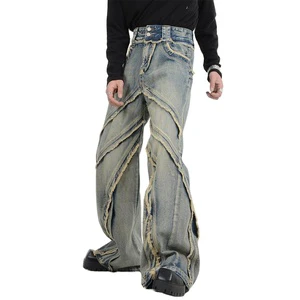 DiZNEW Custom Y2K Men's High Waisted Jeans Trousers Stone Washed Fur Hem Wide Leg Denim Jeans for Men