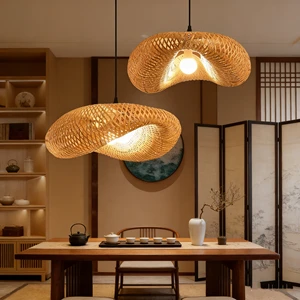 Wabi-Sabi Style Bamboo Ring Pendant Light Natural Bamboo Pure Hand-Woven Artistic Lamp Home Living Room Guesthouse