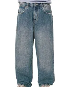 Men Vintage Wide Leg Denim Jeans Blue Washed Loose Fit Straight Baggy Streetwear Casual Pants For Wholesale OEM