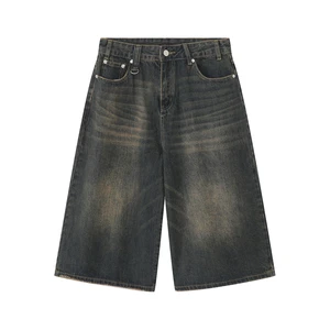 Custom Men's Vintage Acid Washed Jean Shorts Loose Fit Baggy Jeans Jorts Mid Waist Streetwear Casual Style Zipper for Summer