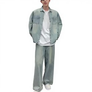 Niche Distressed Vintage Denim Jacket Men's Set Loose Shoulder-Padded Nylon/Cotton All-Match Cool Handsome Casual Solid Denim