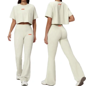 Wholesale Womens Solid 2PCS Yoga Set Baggy Top High Waist Pants Quick Dry Breathable Spandex/Nylon Running Athleisure Sports Gym
