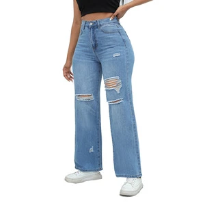 High Quality Stylish Distressed Denim Jeans for Women Mid-Waist Straight Cut Casual Streetwear Logo Hole Button Zipper for