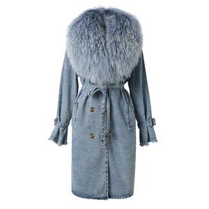 Fashion Long Trench Coat Women Denim Trench Coat With Detachable Mongolian Fur Collar