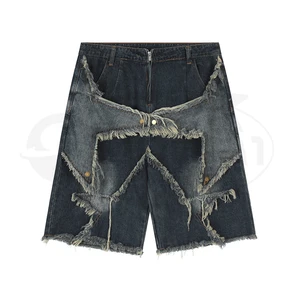 YOUMI Custom Men's Vintage Denim Jean Shorts Half Pant Summer Distressed Cotton Jorts Raw Hem Cut Edge Patch Embroidered Design