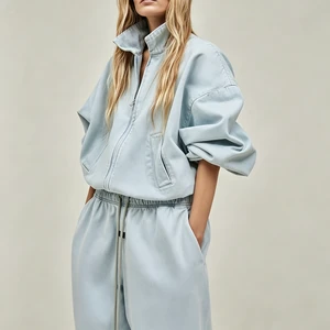 Custom Printed Rhinestone Hooded Denim Suit for Women with Long Sleeve Lapel Pocket Top & Lace Straight Jeans Set