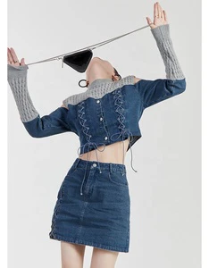 Women's Sweater Denim Blouse Spliced Two Pieces Ladies Jeans Set Custom Lace up Denim Suit Women