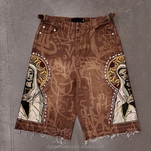 High Quality Custom Hip Hop Streetwear Y2k Diamonds Embroidery Distressed Vintage Raw Hem Acid Wash Rhinestone Men Denim Shorts