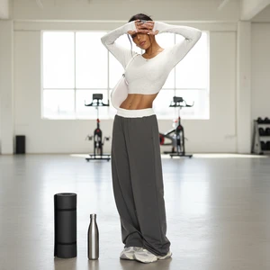 Women's 2 Piece Yoga Set Cropped Long Sleeve Top & Wide Leg Pants Casual Waist-Cut Activewear for Gym & Daily