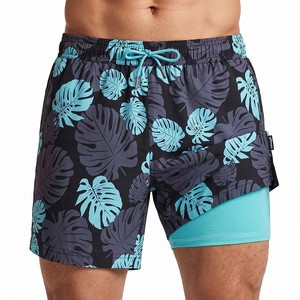 2026 OEM ODM All Over Print 2 In 1 Men's Quick Dry Swim Shorts Drawstring Elastic Waist Custom Logo Beach Board Trunks Shorts