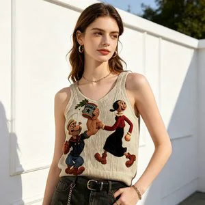 All Season Layering Knit Vest Women Popeye Graphic Cable Sleeveless Polyester Camisole Matches Blazer Shirts Daily Outfit