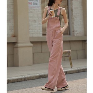 Pink Loose Breathable Denim Casual Fashion Women Jumpsuit with Shoulder Strap and Side Buttons Full Length Overall