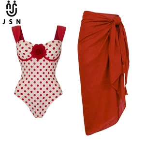 JSN 2026 Customized Female 3d Flower Women's Dot High Cut One Piece Bikini with Solid Beach Cover up Sexy Backless Swimwear