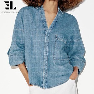 LARSUR Custom Factory Distressed Wash Soft Lyocell Shacket Denim Jacket Casual Streetwear Overshirt Jean Shirt Jacket Women