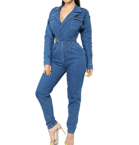 Women's Casual Plus Size Denim Overall Playsuit with Long Sleeves Breathable Jeans Rompers with Button Decoration