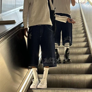 Custom Mid Waist Straight Denim Shorts for Men Breathable Vintage Streetwear Print Embroidery Summer