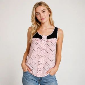 Women's Sleeveless Top, Mesh Neckline Panel, Double Pockets with Button Placket, Lightweight & Breathable Casual Everyday Blouse