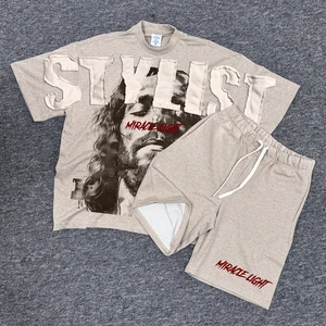 Wholesale Custom Logo Fashion 100% Cotton Casual Printing Loose Blank Short Sleeved Streetwear For MenT-shirt And Short Set